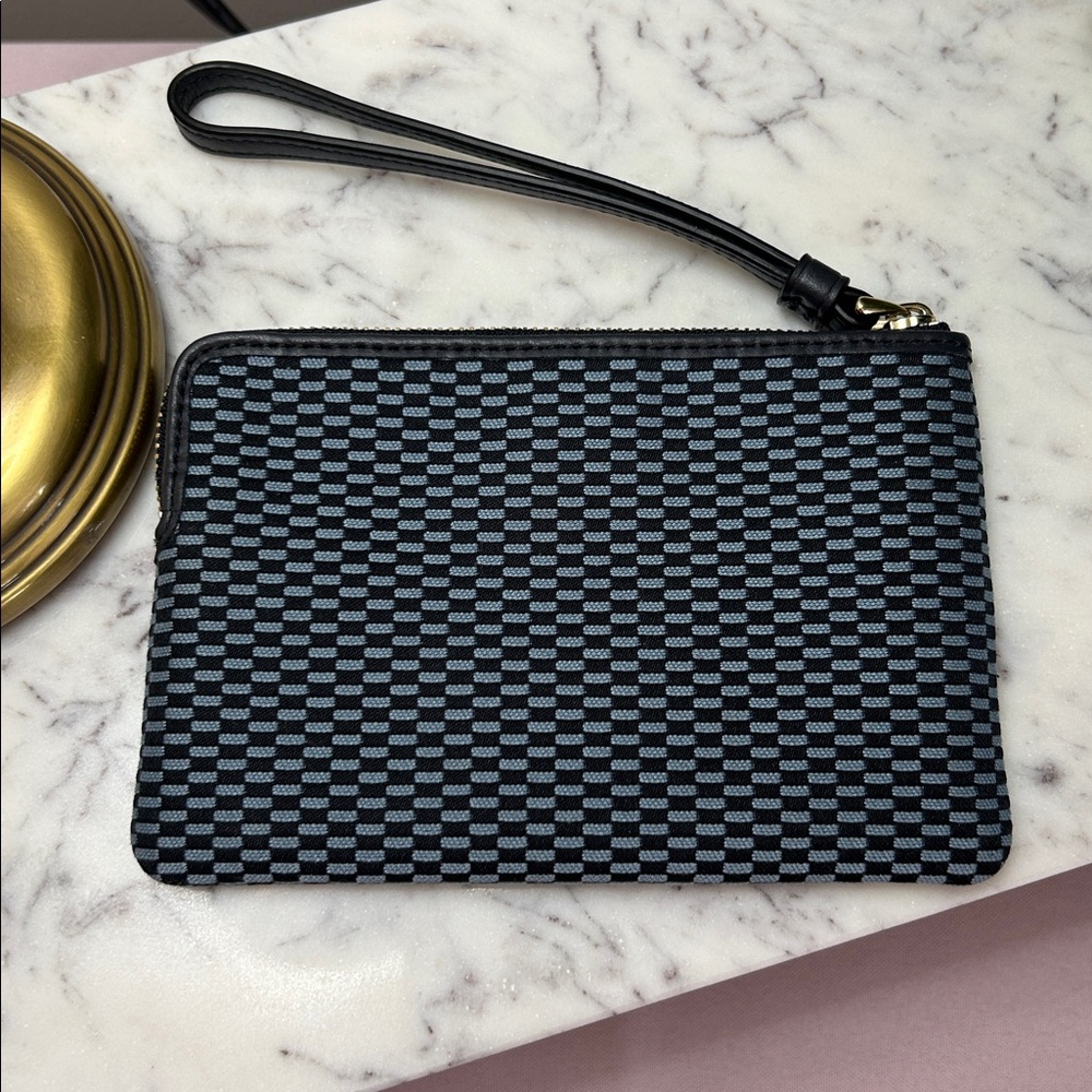 Coach Dark and Light Blue Woven Wristlet with Gold Logo and Legacy Pattern - Picture 3 of 4